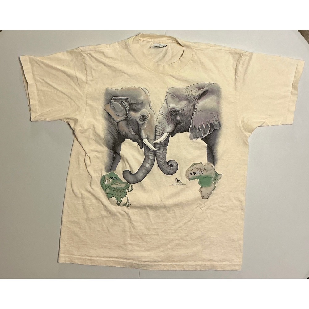 VTG 90s Single Stitch Elephant AOP T Shirt Cream‎ Nature Safari Mens XL